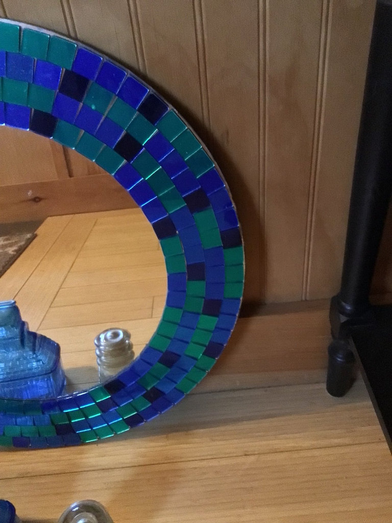 Round mosaic mirror, Flint blue glass piggy bank , small electric conduit - image 2 of 4