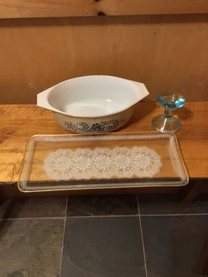 Floral Pyrex bowl, ceramic casserole dish, lace-pattern glass tray, and blue goblet - Image 1 of 4
