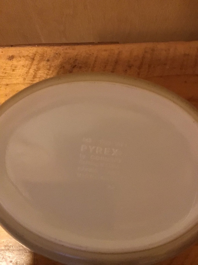 Floral Pyrex bowl, ceramic casserole dish, lace-pattern glass tray, and blue goblet - image 3 of 4