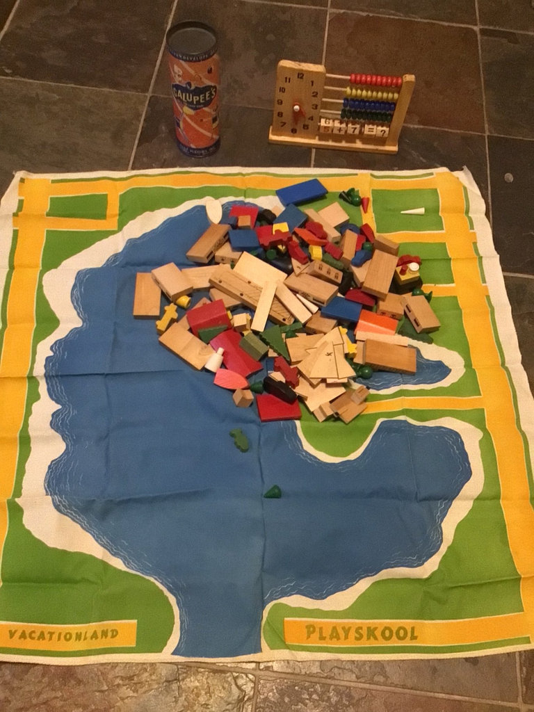 Vintage Playskool wooden toy blocks, abacus, and play mat - image 1 of 3