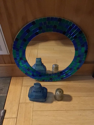Round mosaic mirror, Flint  blue glass piggy bank , small electric conduit - Image 1 of 4