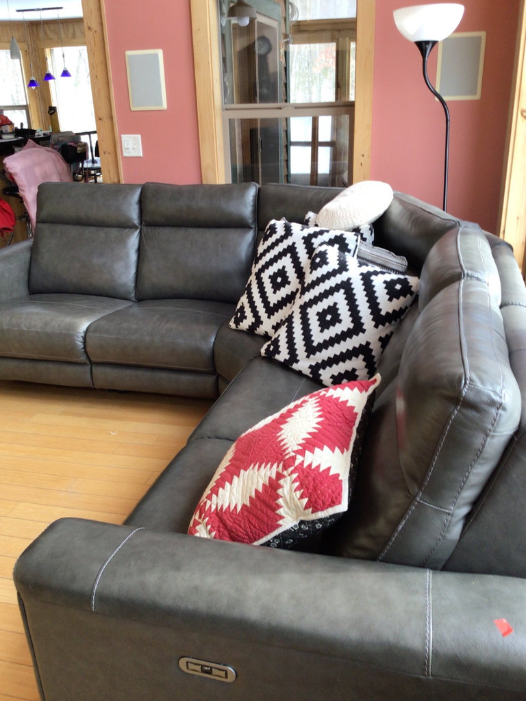 Dark gray leather sectional sofa with power recliners and decorative pillows - image 2 of 6