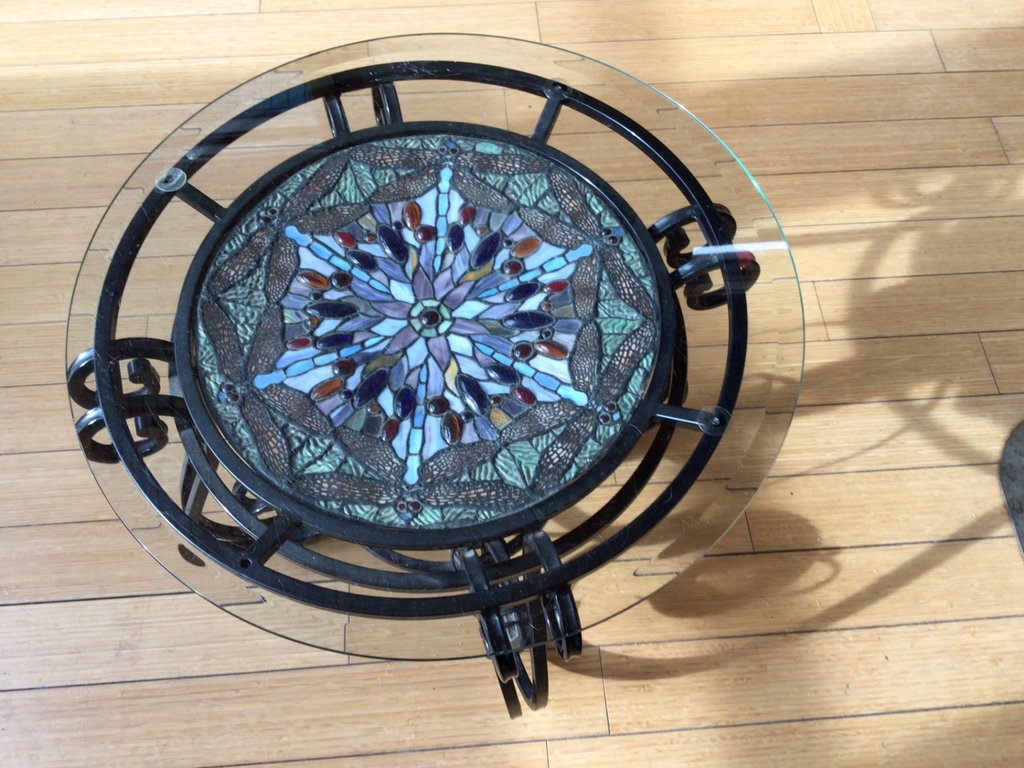 Round Mosaic Glass-Top Table with Iron Scroll Base - image 1 of 4