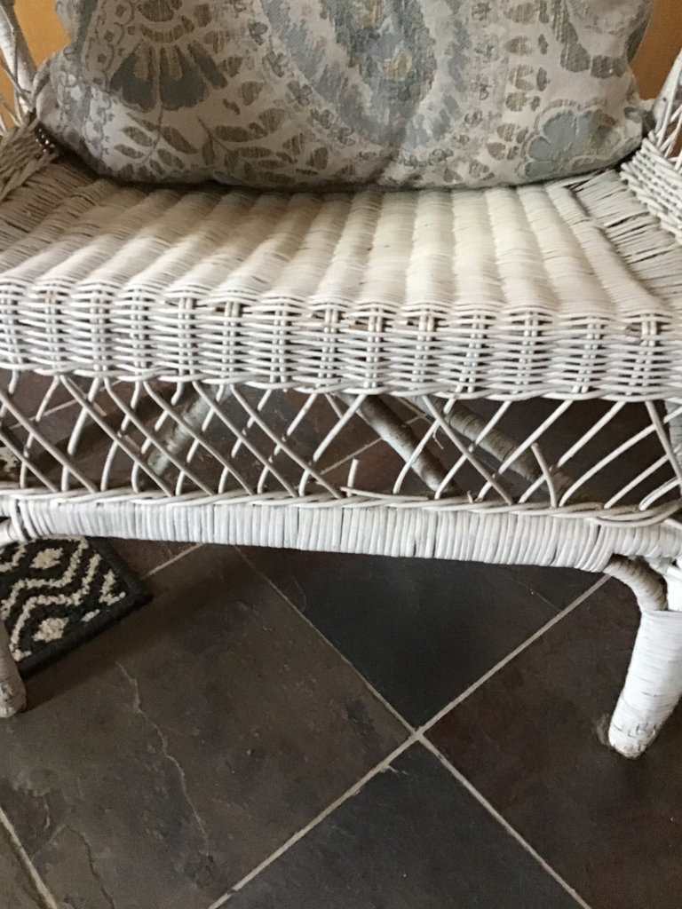 White wicker chair with patterned cushion - image 2 of 2