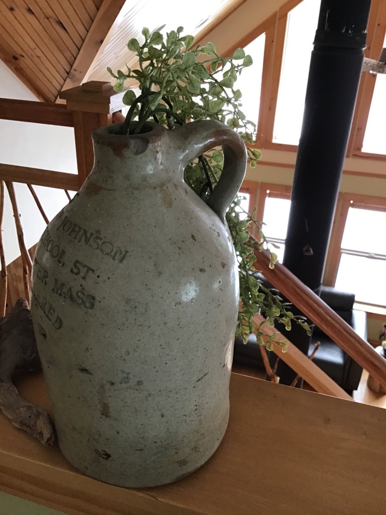 Antique embossed stoneware jug with plant and driftwood - image 3 of 3