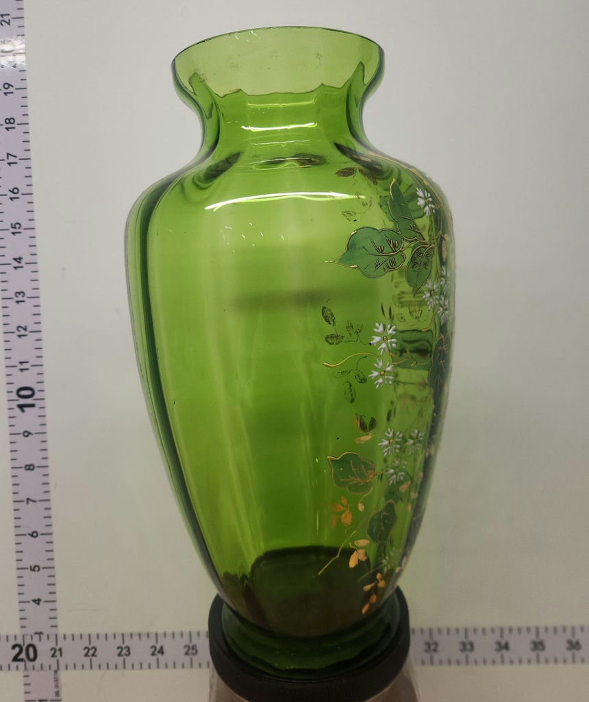 VICTORIAN ERA FLORAL GILDED ENAMEL GREEN BOHEMIAN OPTIC ART GLASS VASE - image 4 of 8