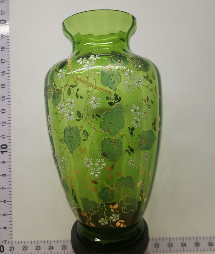 VICTORIAN ERA FLORAL GILDED ENAMEL GREEN BOHEMIAN OPTIC ART GLASS VASE - image 3 of 8