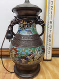 Antique Cloisonne Champleve Enamel Lamp With Figural Handles - thumbnail 5 of 11