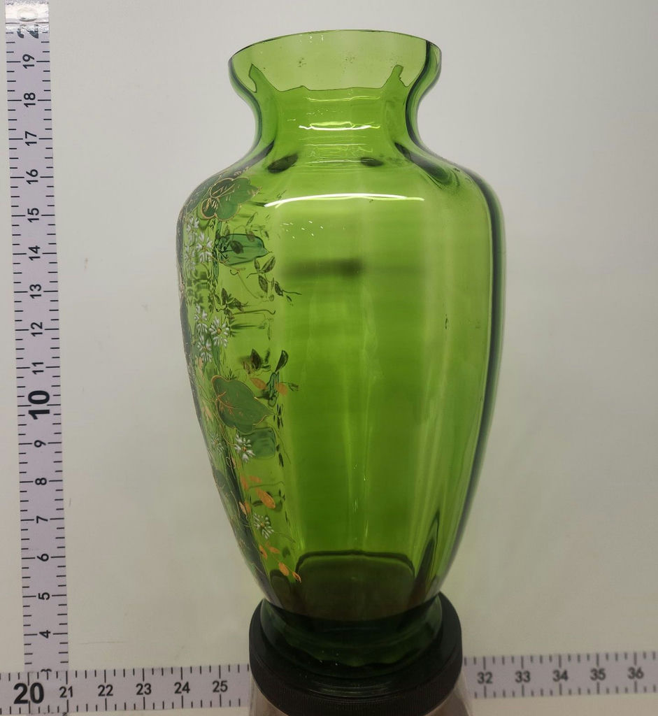 VICTORIAN ERA FLORAL GILDED ENAMEL GREEN BOHEMIAN OPTIC ART GLASS VASE - image 6 of 8
