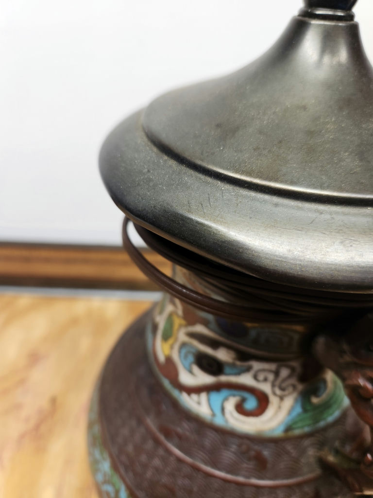 Antique Cloisonne Champleve Enamel Lamp With Figural Handles - image 11 of 11