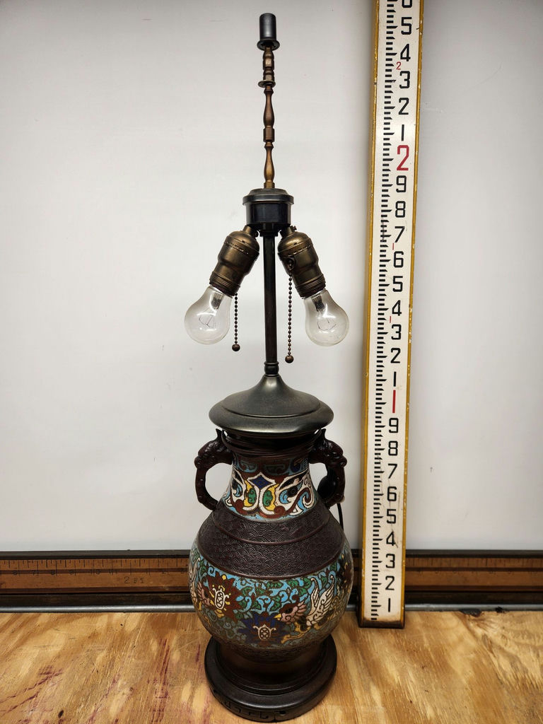 Antique Cloisonne Champleve Enamel Lamp With Figural Handles - image 1 of 11