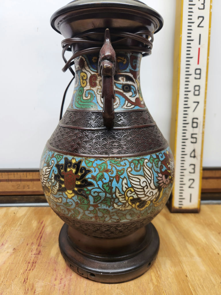 Antique Cloisonne Champleve Enamel Lamp With Figural Handles - image 4 of 11
