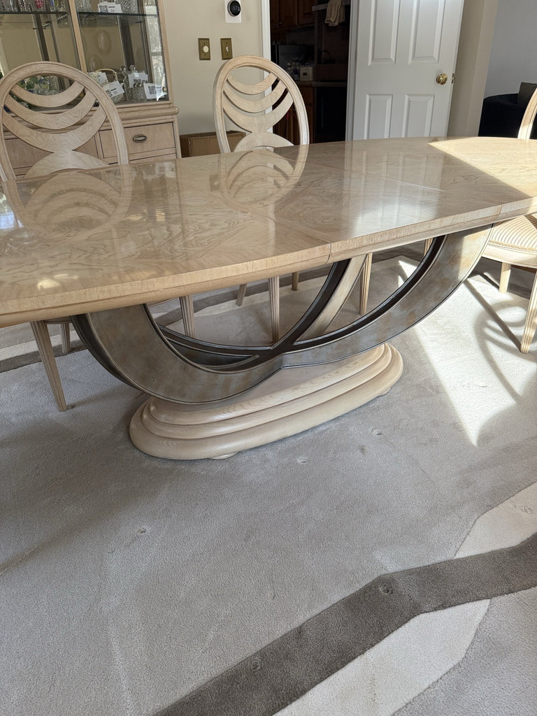 Oval dining table with pedestal base and 6 upholstered chairs - image 7 of 8