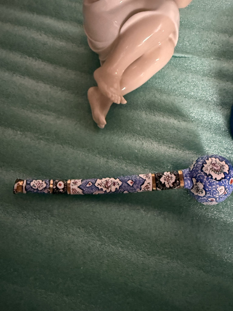 Royal Copenhagen porcelain statue, blue patterned bowl, and cloisonné pipe - image 3 of 5