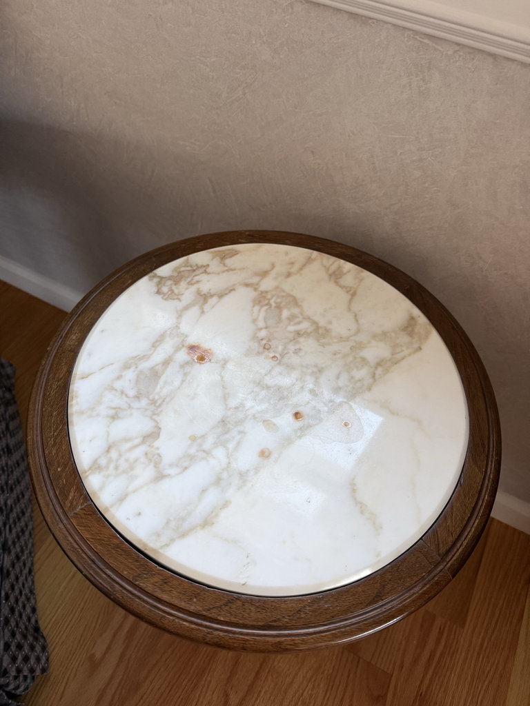 Louis XVI style armchair with ottoman, marble-top side table, and plant - image 5 of 6