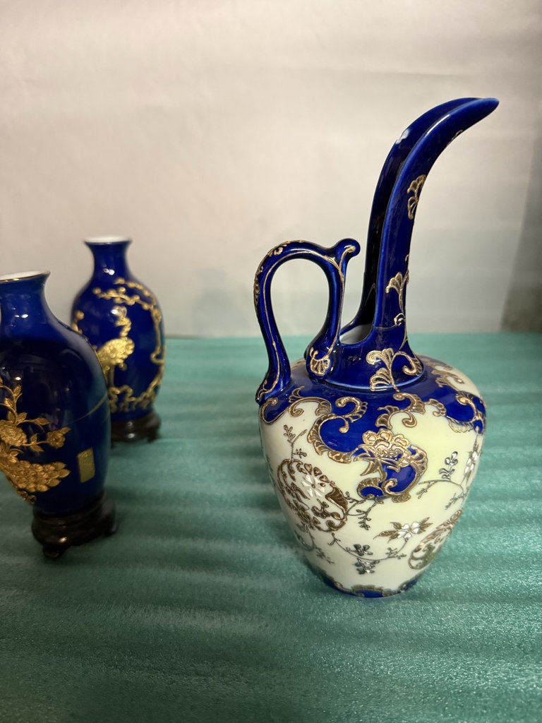 Blue and cobalt porcelain vases and ewer with gold gilt - image 4 of 5