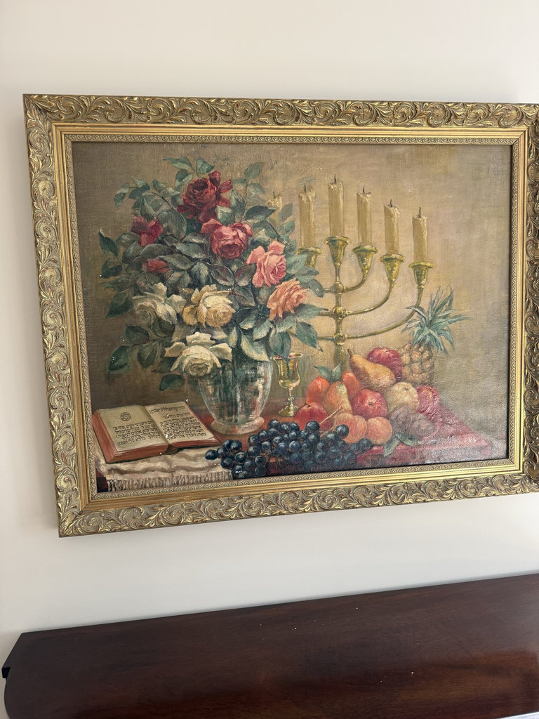 Carl  G b Knouff Framed still-life painting with roses, fruit, and candlestick - image 1 of 5