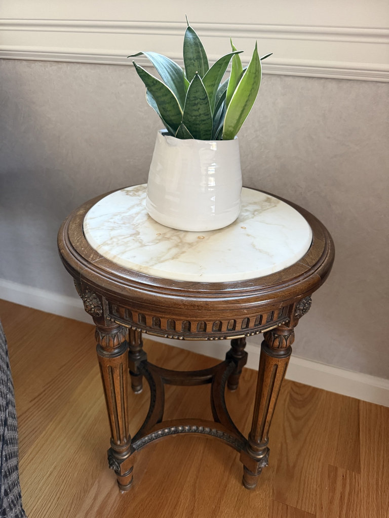 Louis XVI style armchair with ottoman, marble-top side table, and plant - image 3 of 6