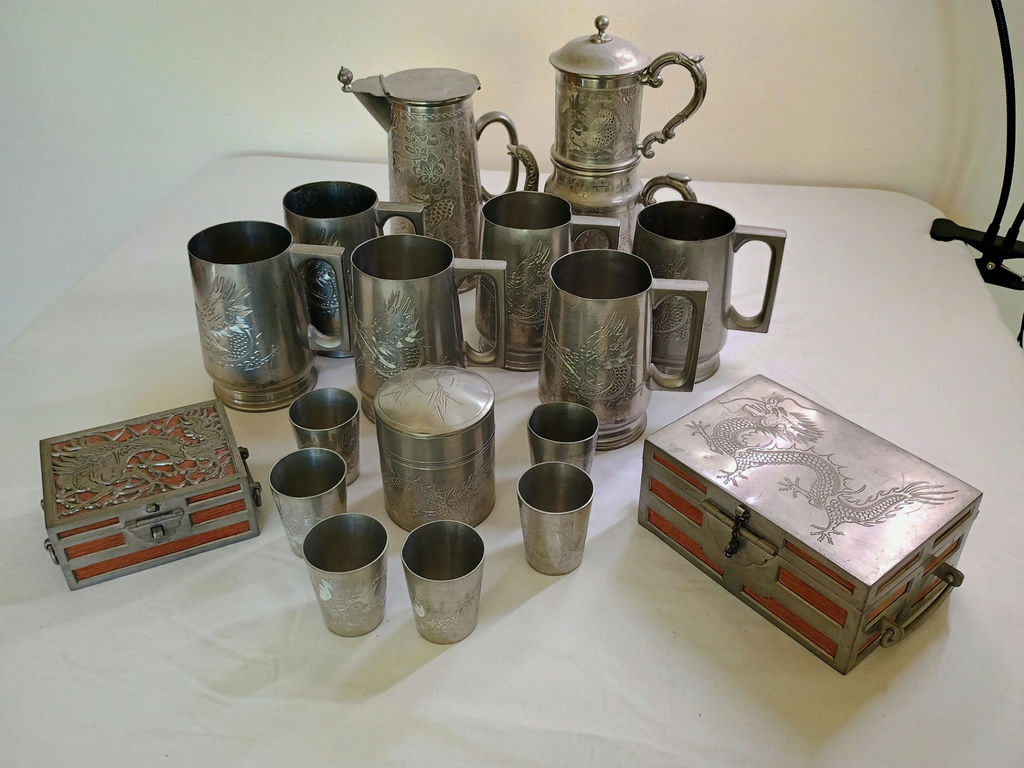Antique Kut Hing Engraved Pewter Dragon Drinkware Set/Boxes - image 1 of 15