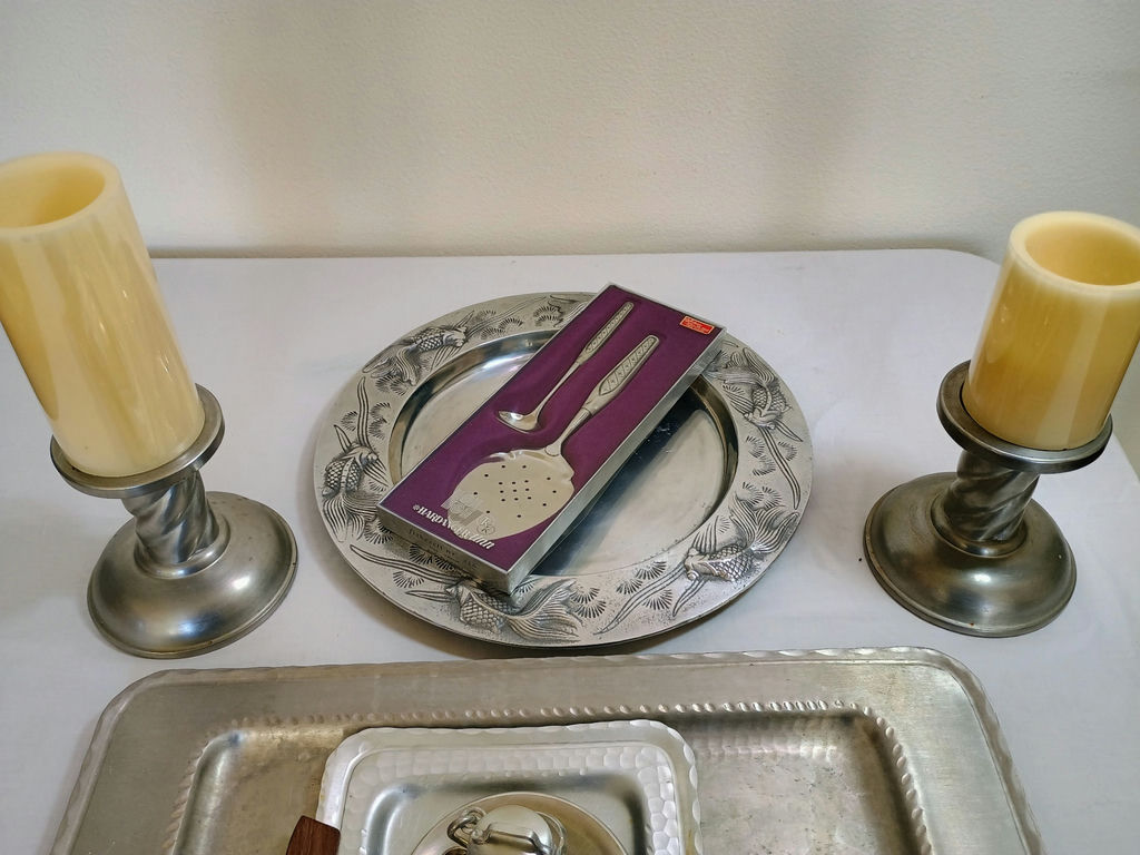 Assorted Norwegian Pewter Serving Trays, Plate, Candle Holders, and Serving Utensils - image 7 of 8