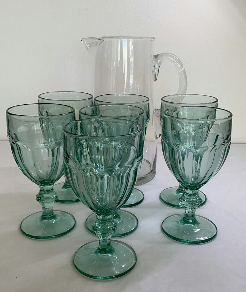 Glass Pitcher With Teal stemmed Water Glasses - image 1 of 3