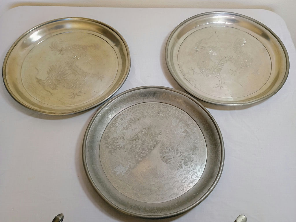 Antique Kut HIng Swatow Pewter Tea Set, trays - image 6 of 11