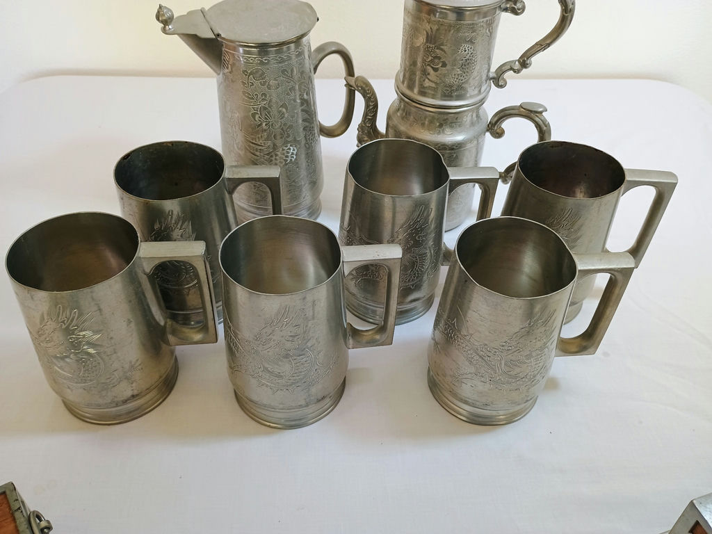 Antique Kut Hing Engraved Pewter Dragon Drinkware Set/Boxes - image 14 of 15