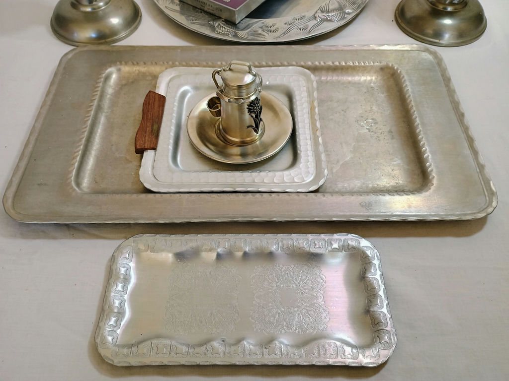 Assorted Norwegian Pewter Serving Trays, Plate, Candle Holders, and Serving Utensils - image 1 of 8