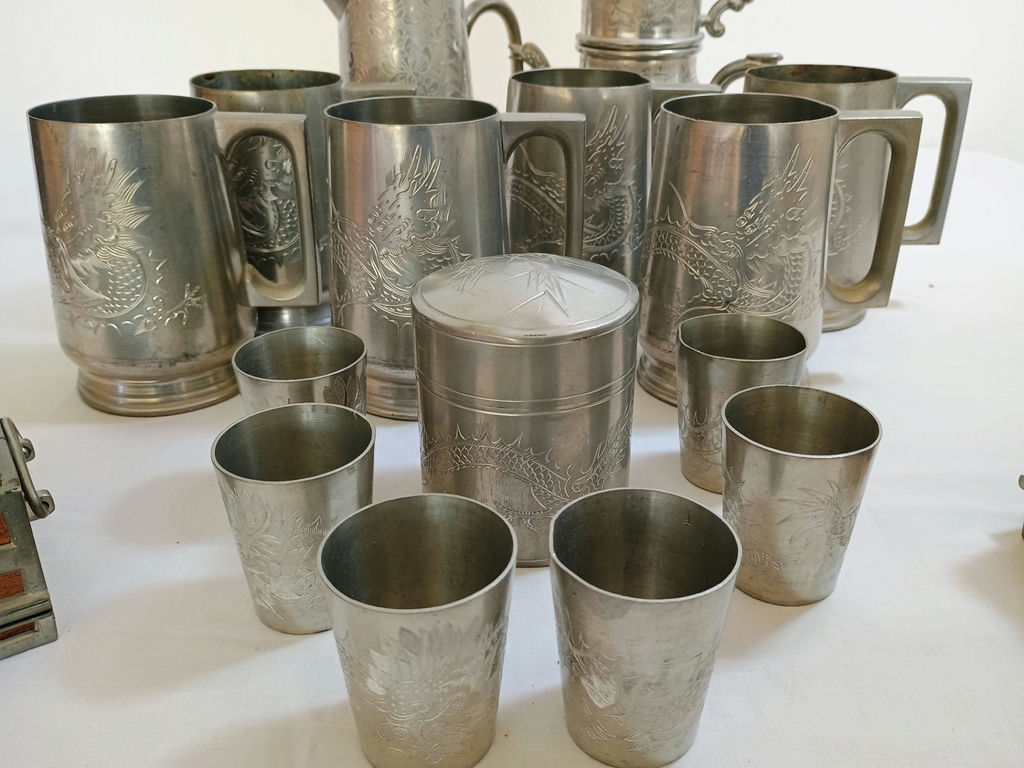 Antique Kut Hing Engraved Pewter Dragon Drinkware Set/Boxes - image 8 of 15