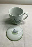 Green teapot with infuser, lavender-patterned cup and lid, on ornate decorative tray - thumbnail 5 of 5