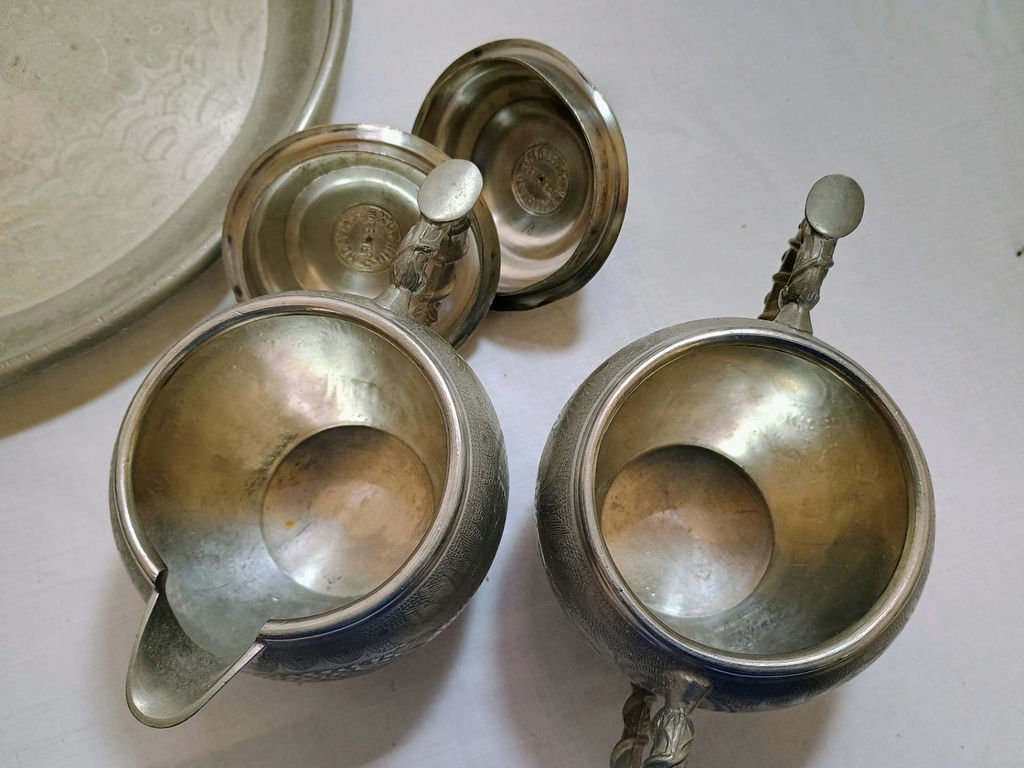 Antique Kut HIng Swatow Pewter Tea Set, trays - image 5 of 11