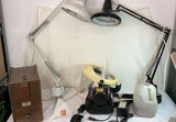 Lapidary Lot #4, Adjustable Desk Lamps, Respirator Mask Set, and Wooden Mill - thumbnail 1 of 12