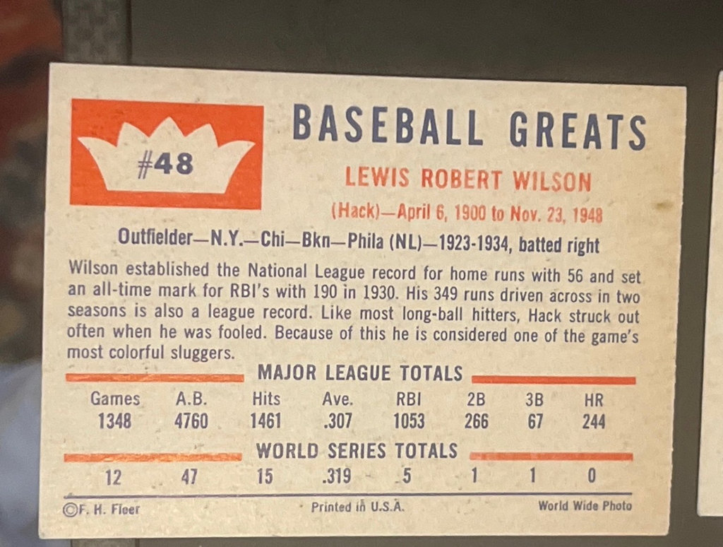 Fleet Greats 1960 Baseball Cards Hack Wilson & Others - image 8 of 10