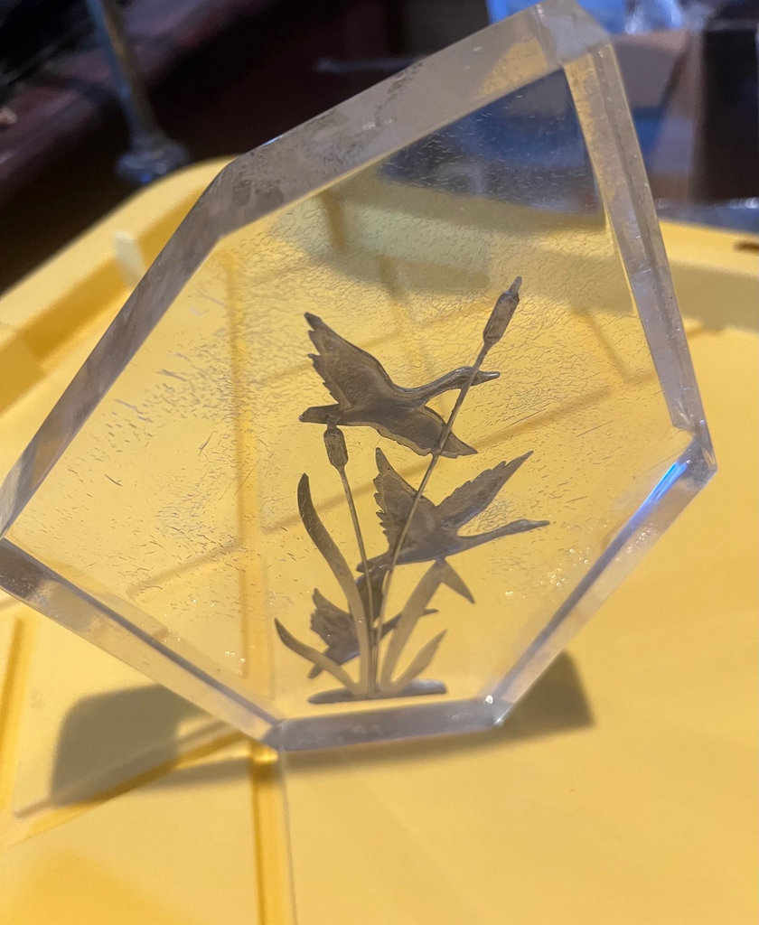 MCM Lucite Table Paper-Weight Geese Flying Cat-tails in Field Hand Made - image 3 of 3