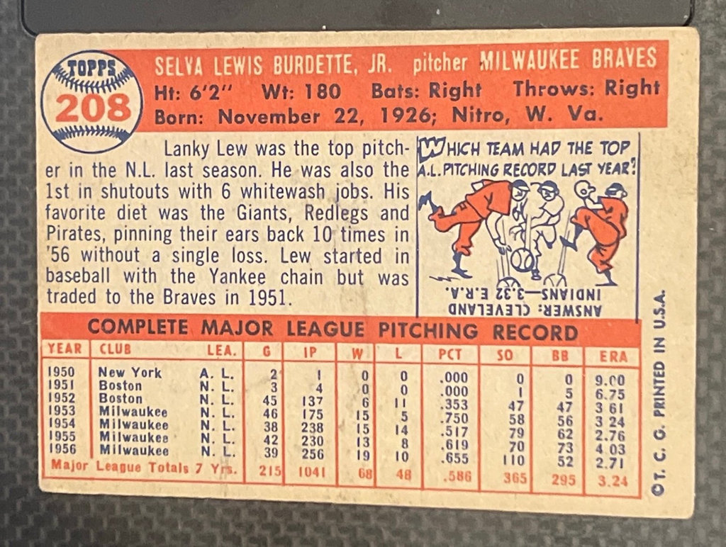 1957 Topps Baseball Card #208 Lou Bourdette Braves - image 2 of 2