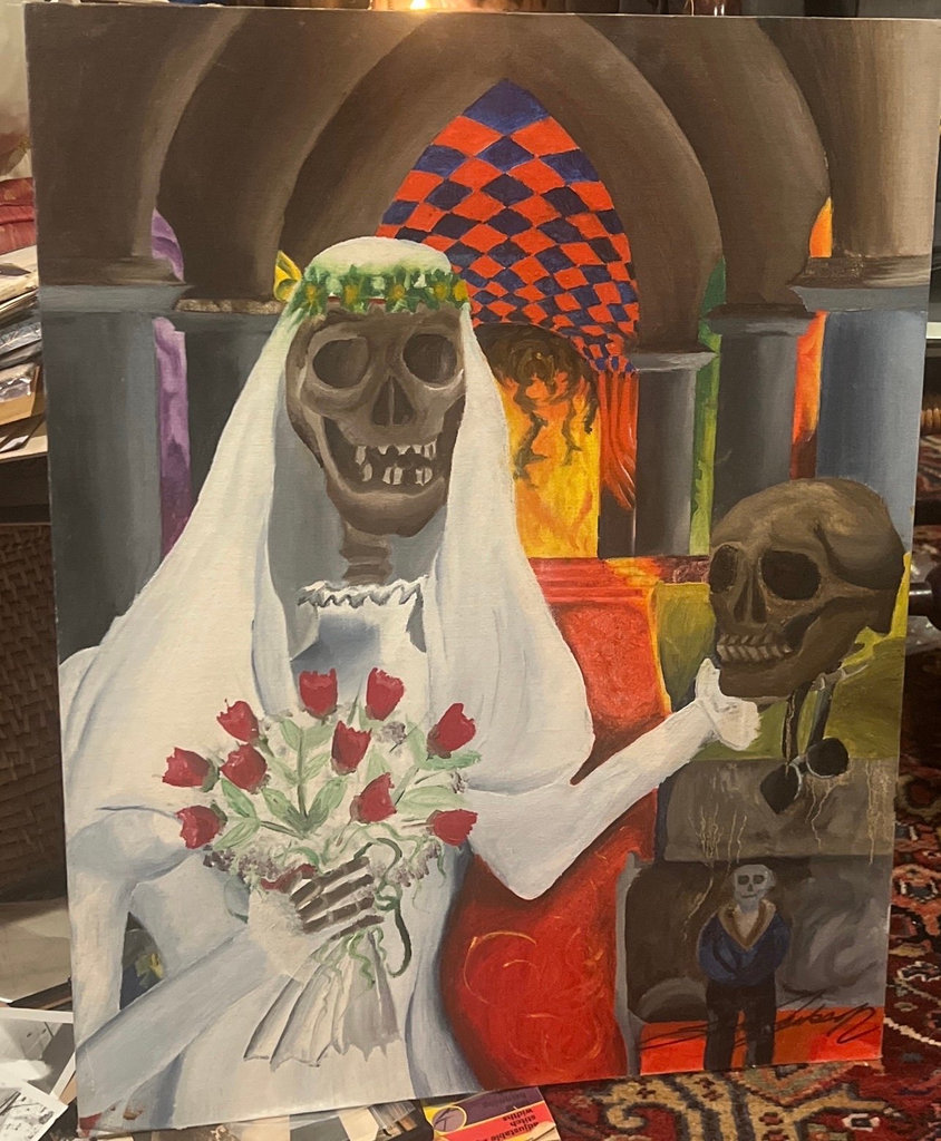 Day Of The Dead Skeleton Bride With Shunken Man Oil On Board - image 2 of 5