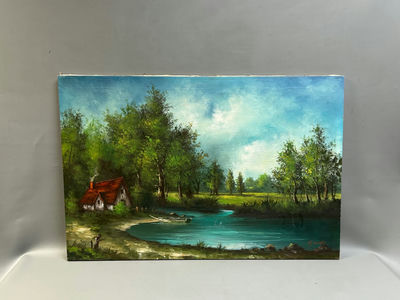 Old Cottage Landscape River Oil on Canvas - Image 1 of 7