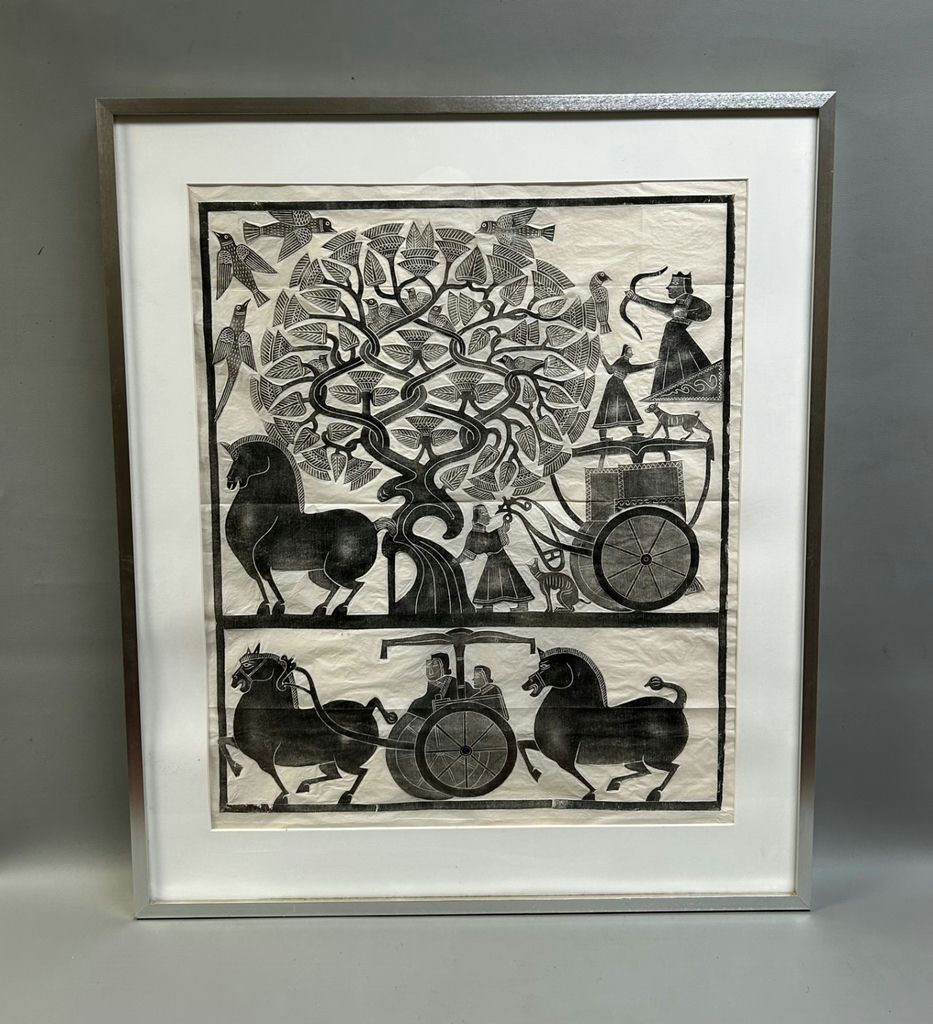 Oriental Temple Rubbing Ink on Paper  - image 1 of 6