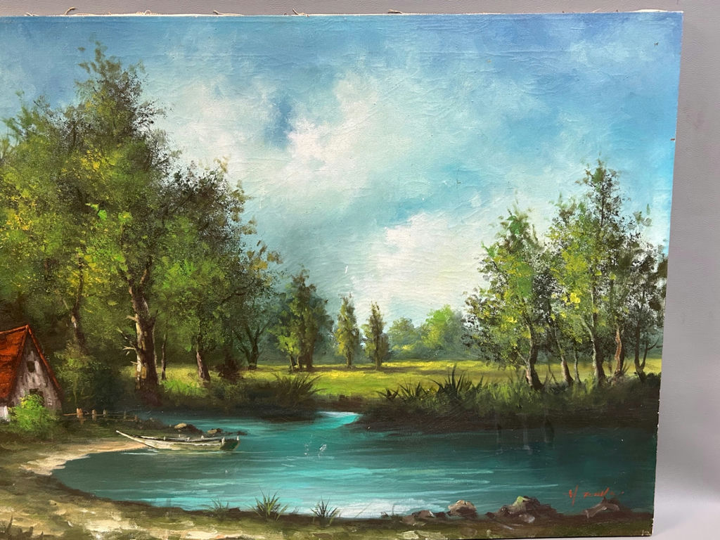 Old Cottage Landscape River Oil on Canvas - image 5 of 7