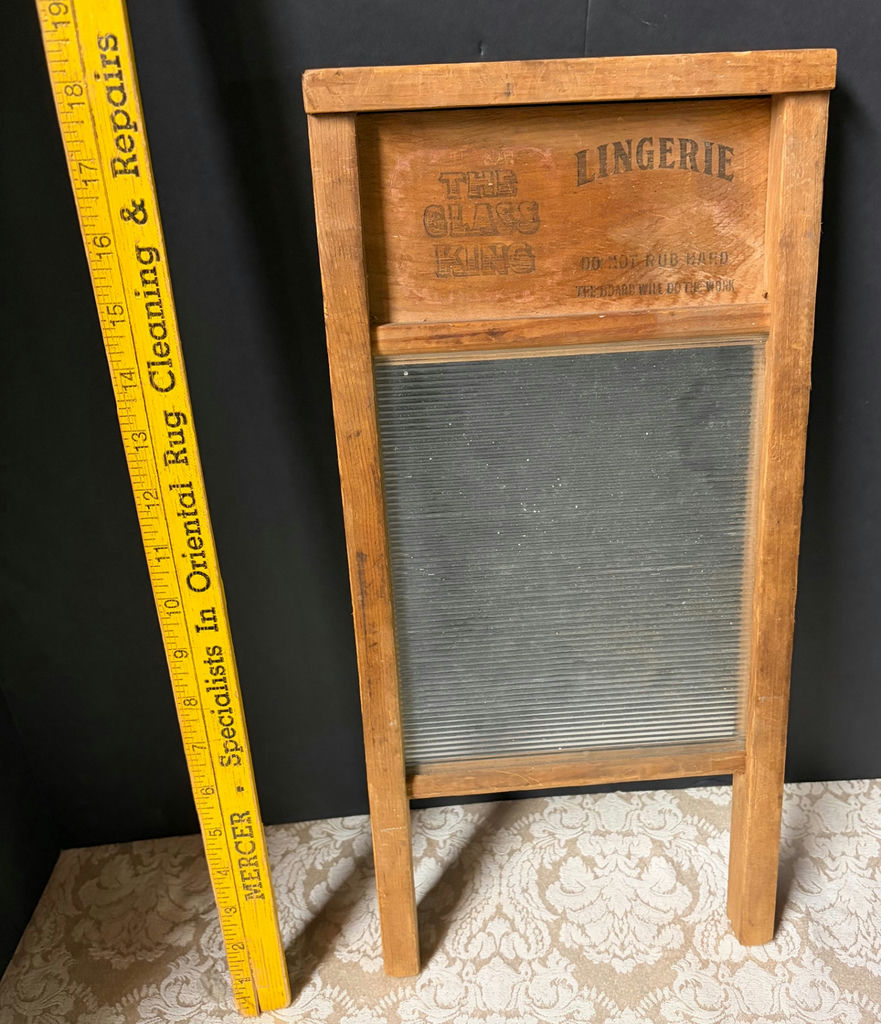 Vintage wooden washboard with ribbed metal scrubbing surface - image 2 of 2
