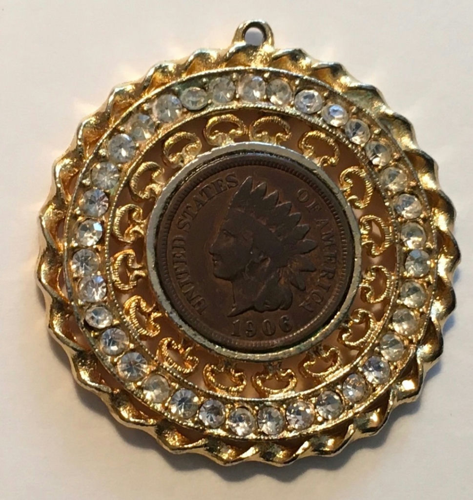 1906 Indian Head Penny Pendant With Rhinestones - image 1 of 2