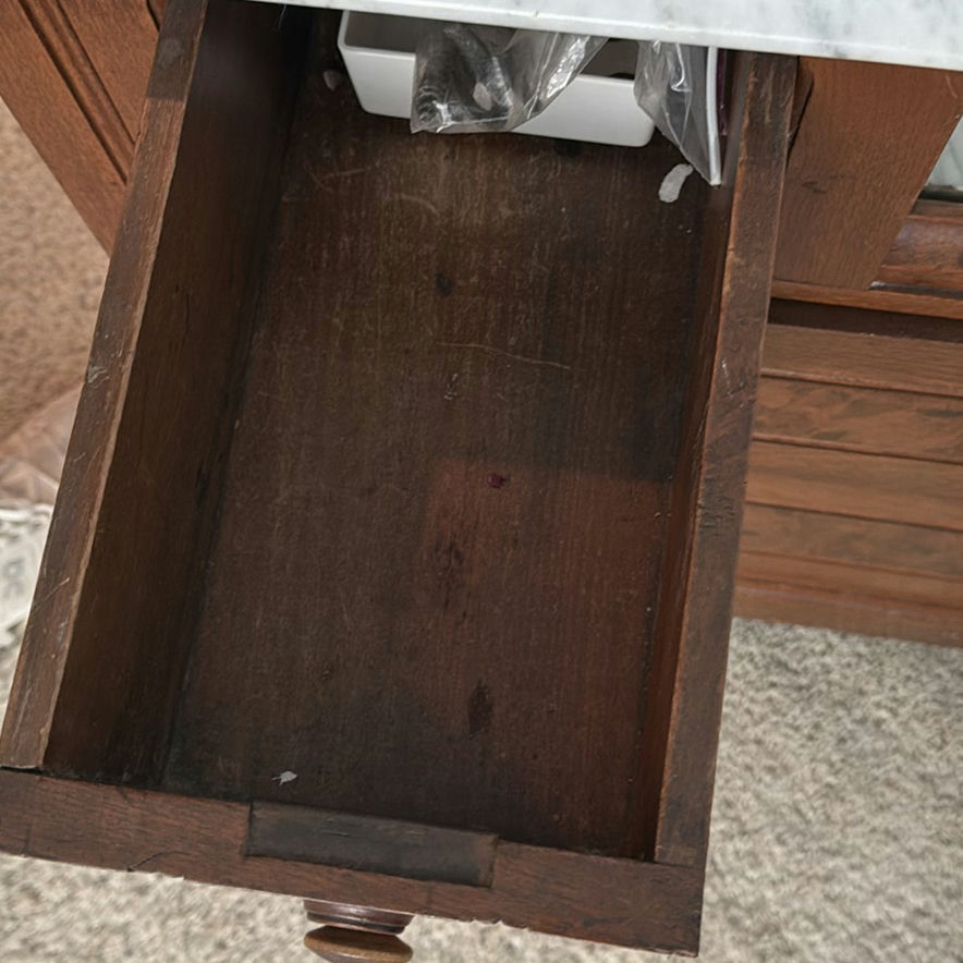 Antique wooden vanity with mirror and marble-topped side shelves - image 6 of 9