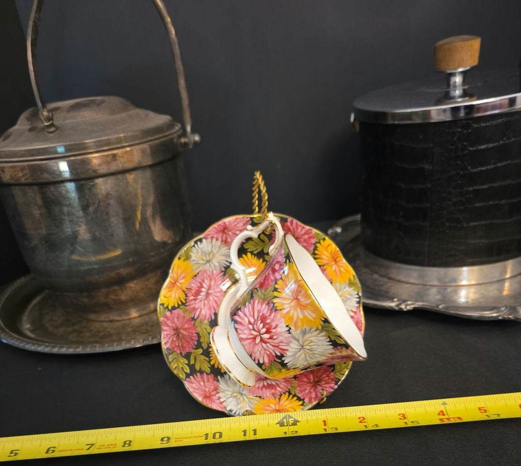Vintage Silver Plated Ice Bucket and metal leather wrapped ice bucket with floral teacup and saucer on trays - image 2 of 4