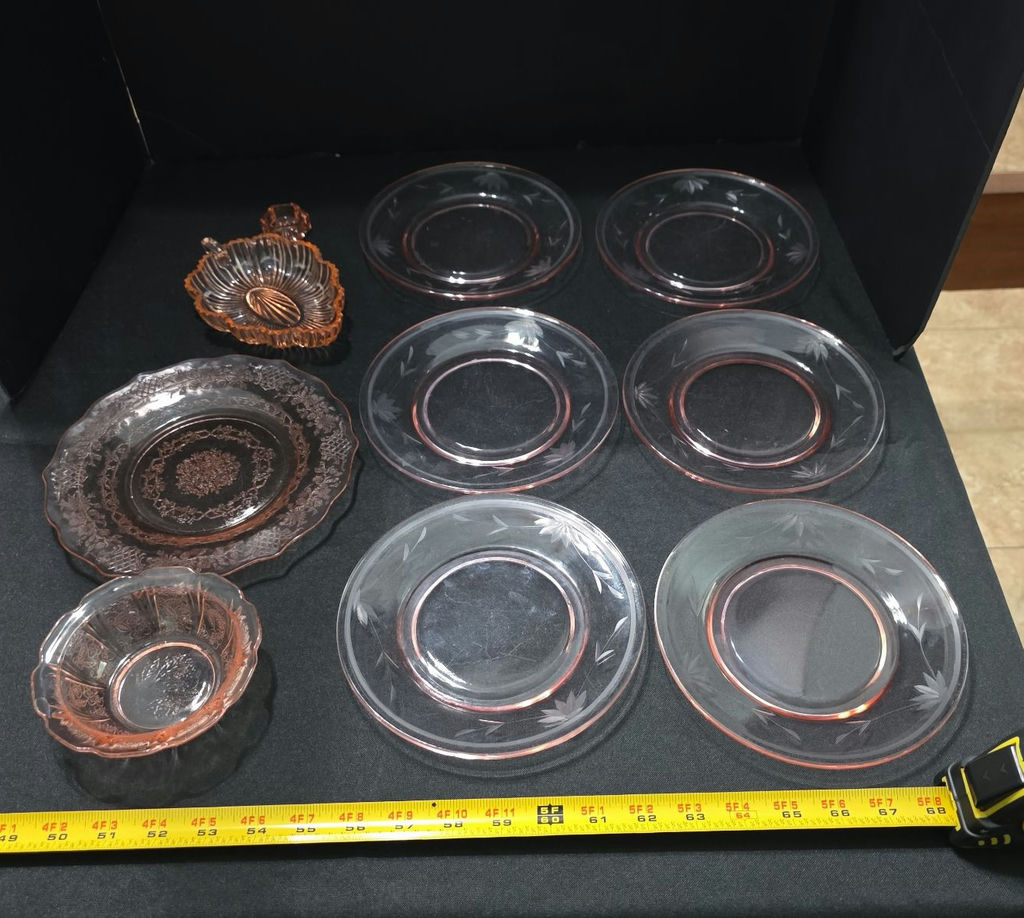 Pink etched glass dinnerware with amber accents - image 2 of 8