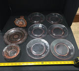 Pink etched glass dinnerware with amber accents - thumbnail 2 of 8