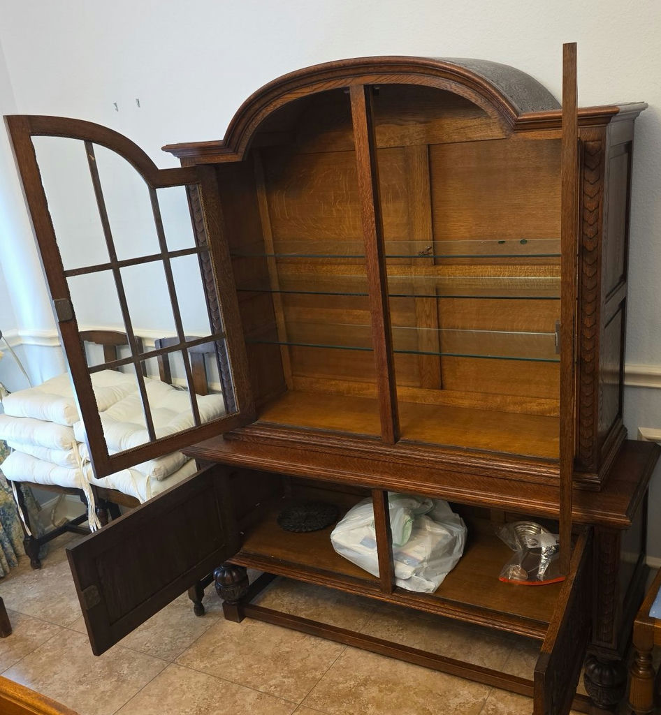 Oak china cabinet with glass display and carved lower storage - image 2 of 7