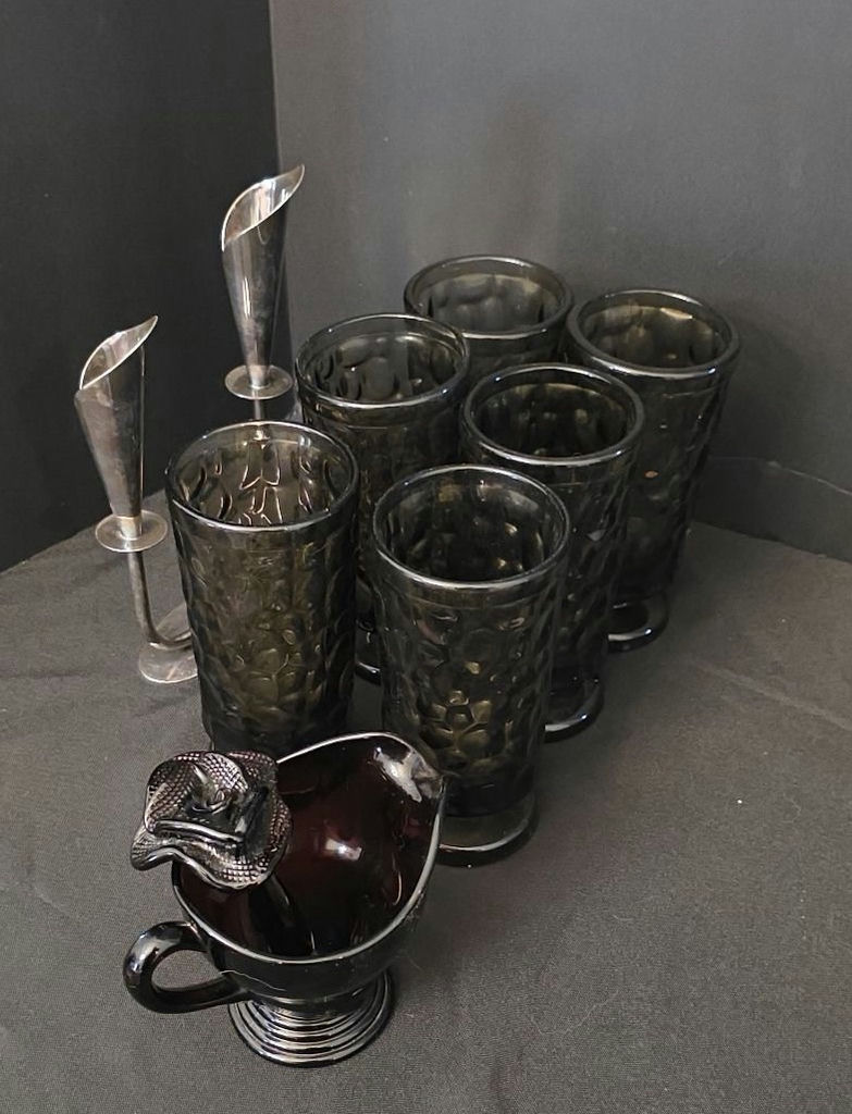 Six textured black glass tumblers with a matching black glass creamer and metal candleholders - image 5 of 5