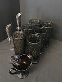 Six textured black glass tumblers with a matching black glass creamer and metal candleholders - thumbnail 5 of 5