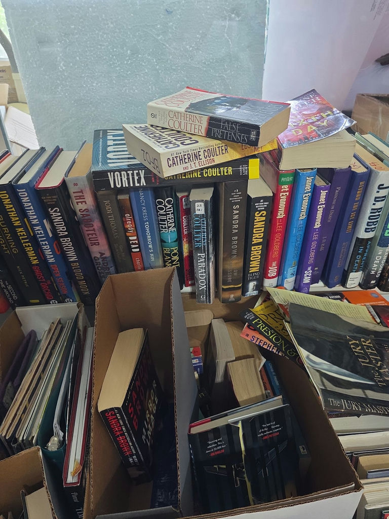 Assorted fiction books in stacks and boxes - image 5 of 10