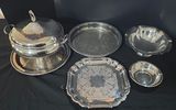 Silver-plated serving ware set with lidded chafing dish and engraved trays - thumbnail 1 of 6